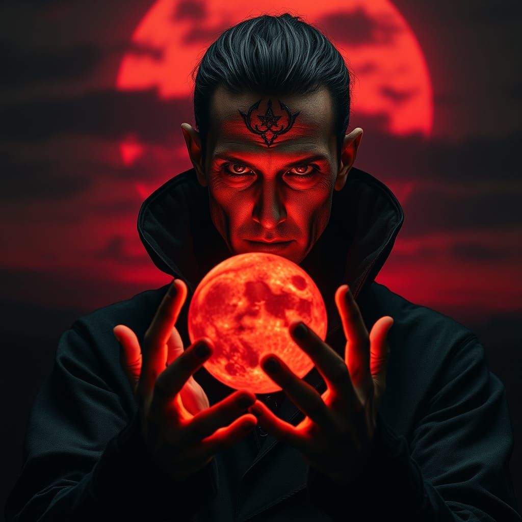 Red Moon Magician Holding Bloodmoon in Dark Sunset
