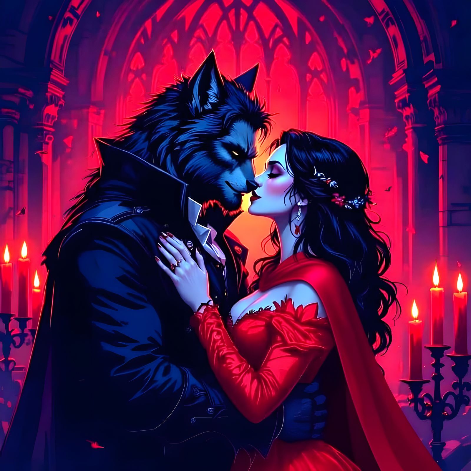 Werewolf and Vampire Kiss in Gothic Castle