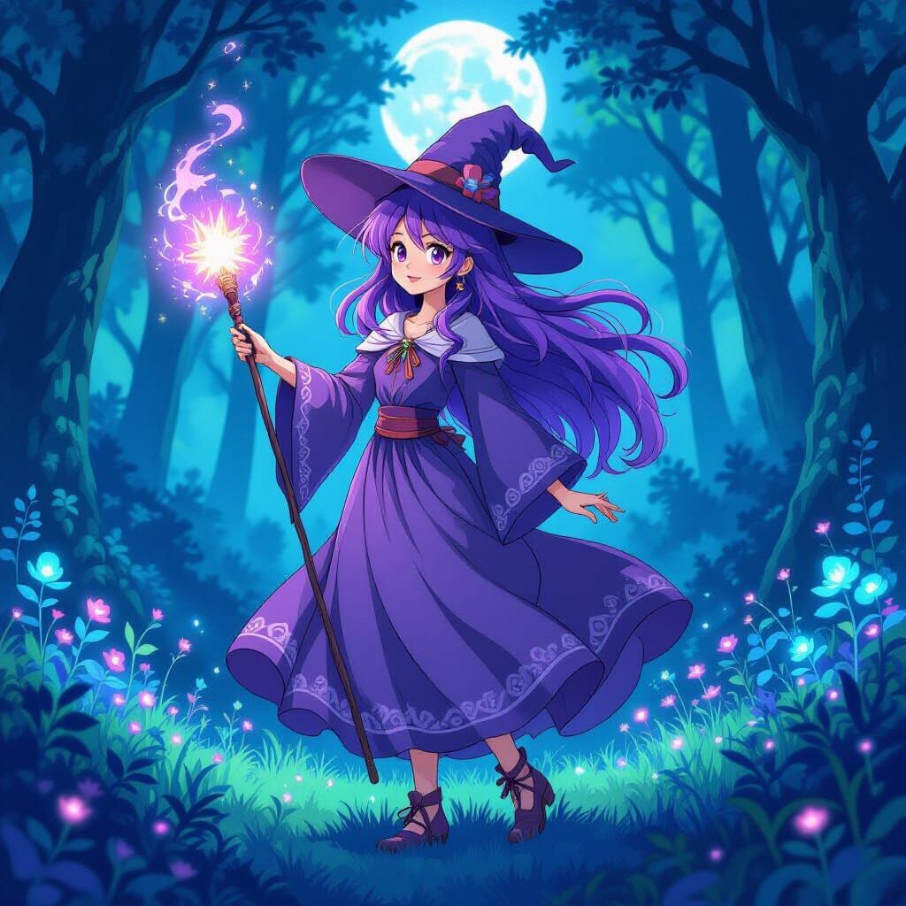 Anime Witch Casting Spell in Moonlit Forest