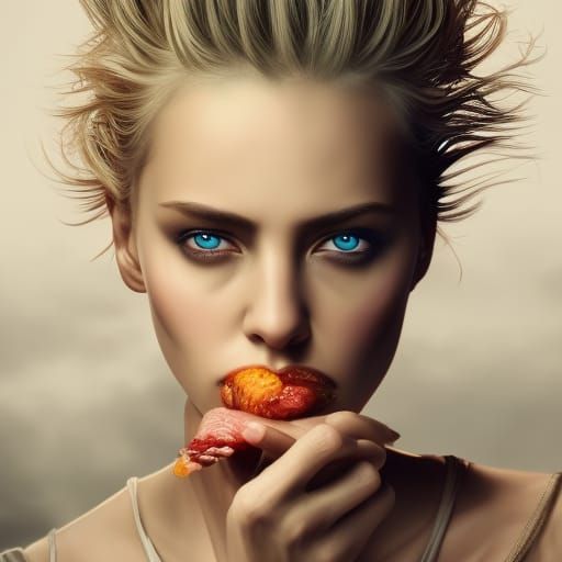 Hyperrealistic Image of Charlize Theron Eating Ham