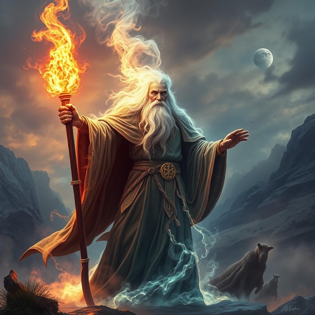 Mystical Energy Wizard Wielding Staff in Fantasy Landscape