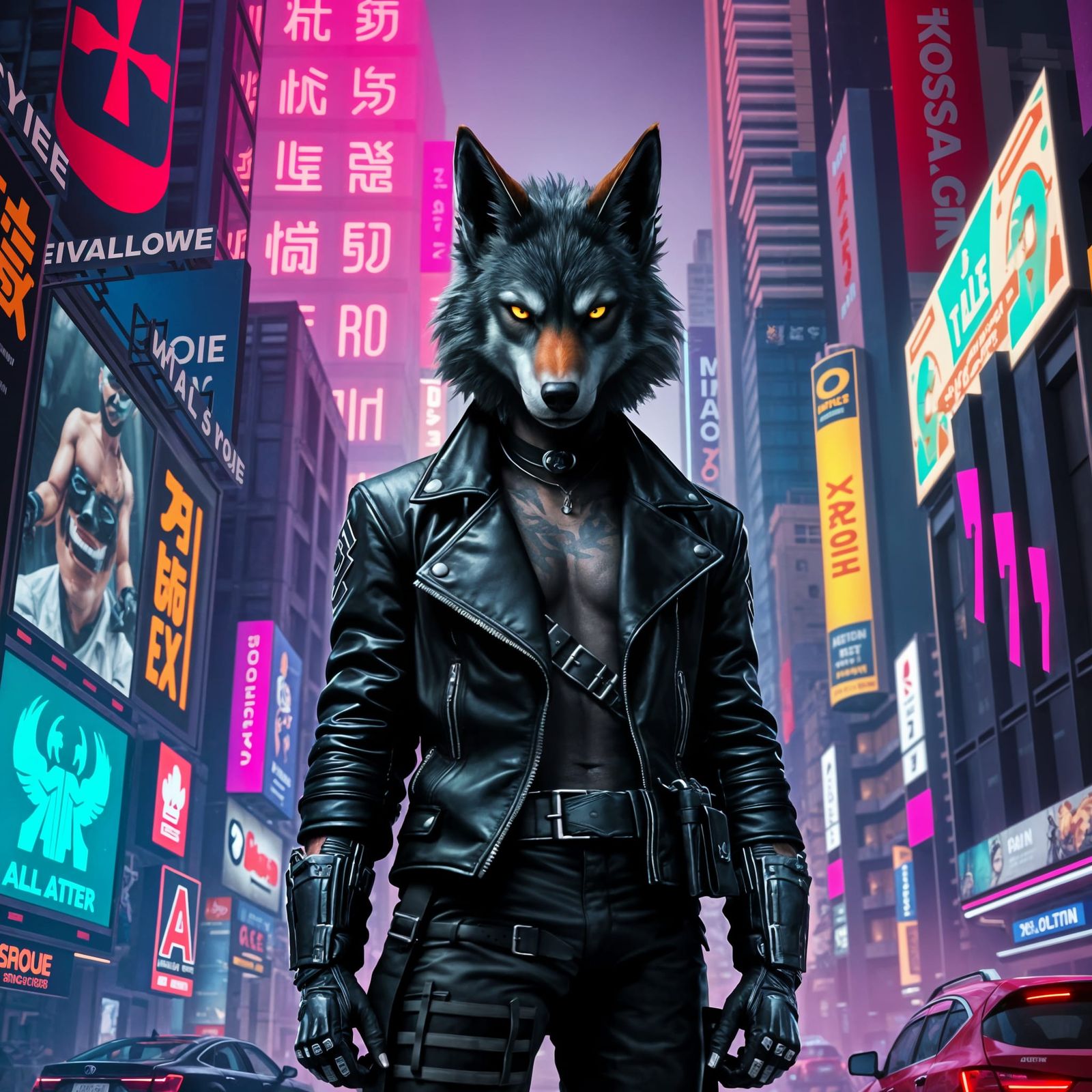 Cyberpunk Wolf in Dystopian Cityscape