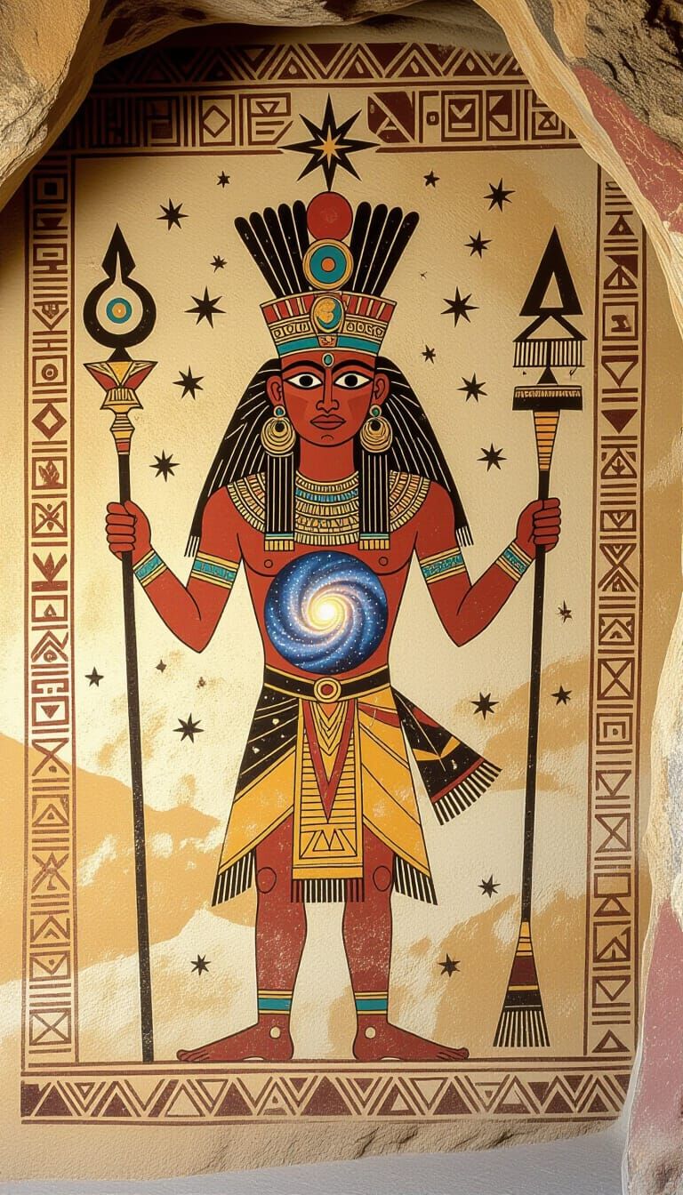 Ancient Deity Cave Painting with Cosmic Chest