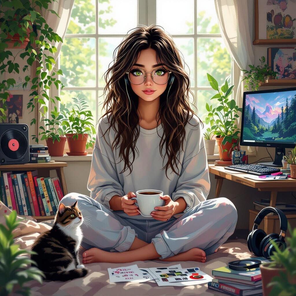 Introvert Girl with Cat in Hyperrealistic Room