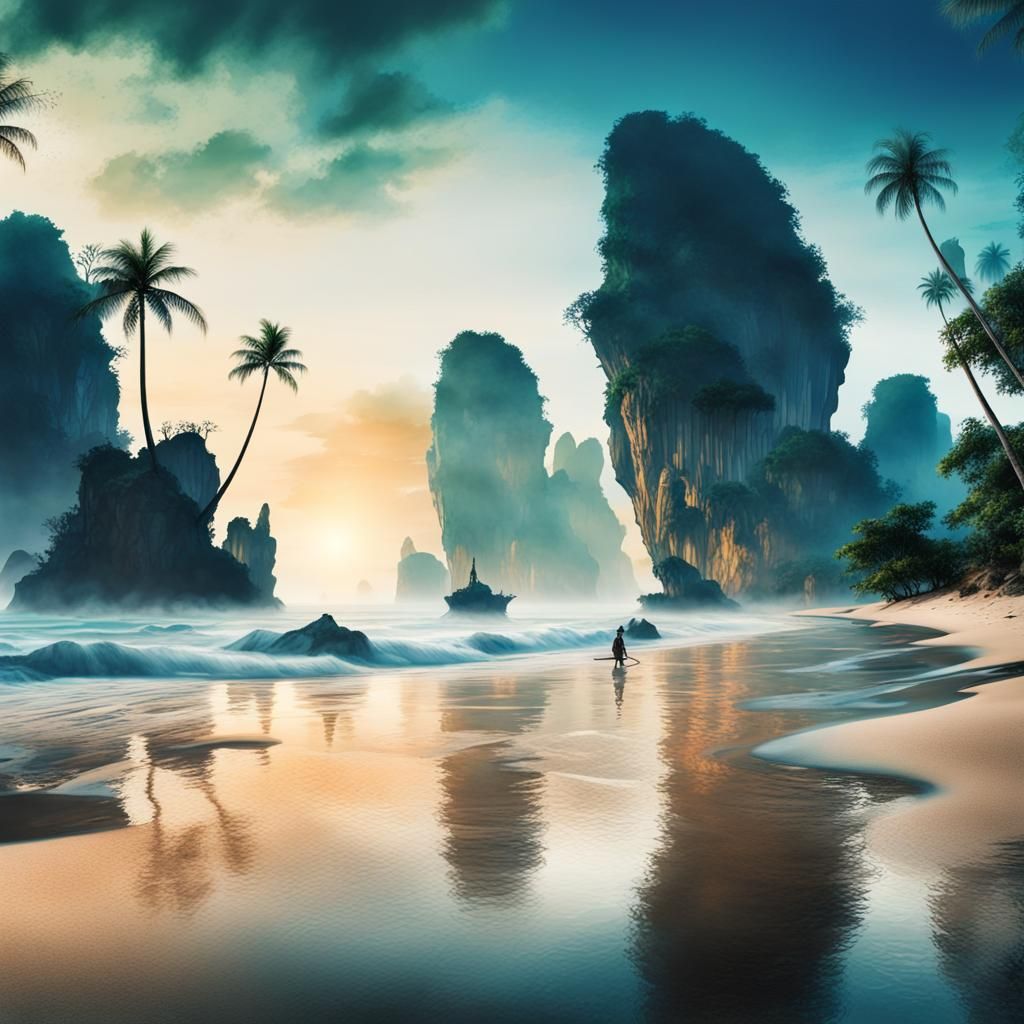 Thailand Beach Sunrise: Fantasy Watercolor Double Exposure