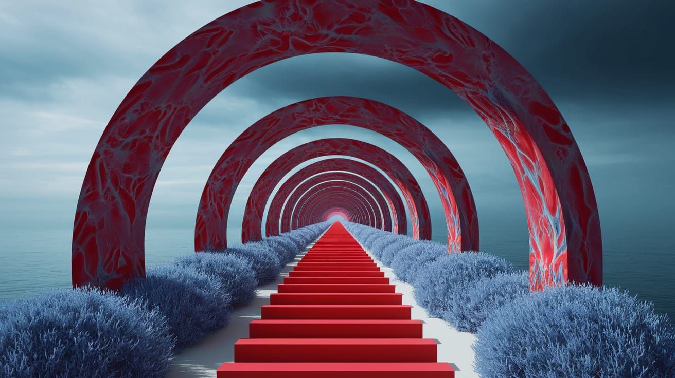 Vibrant Red Steps Unfold Through Cosmic Arches