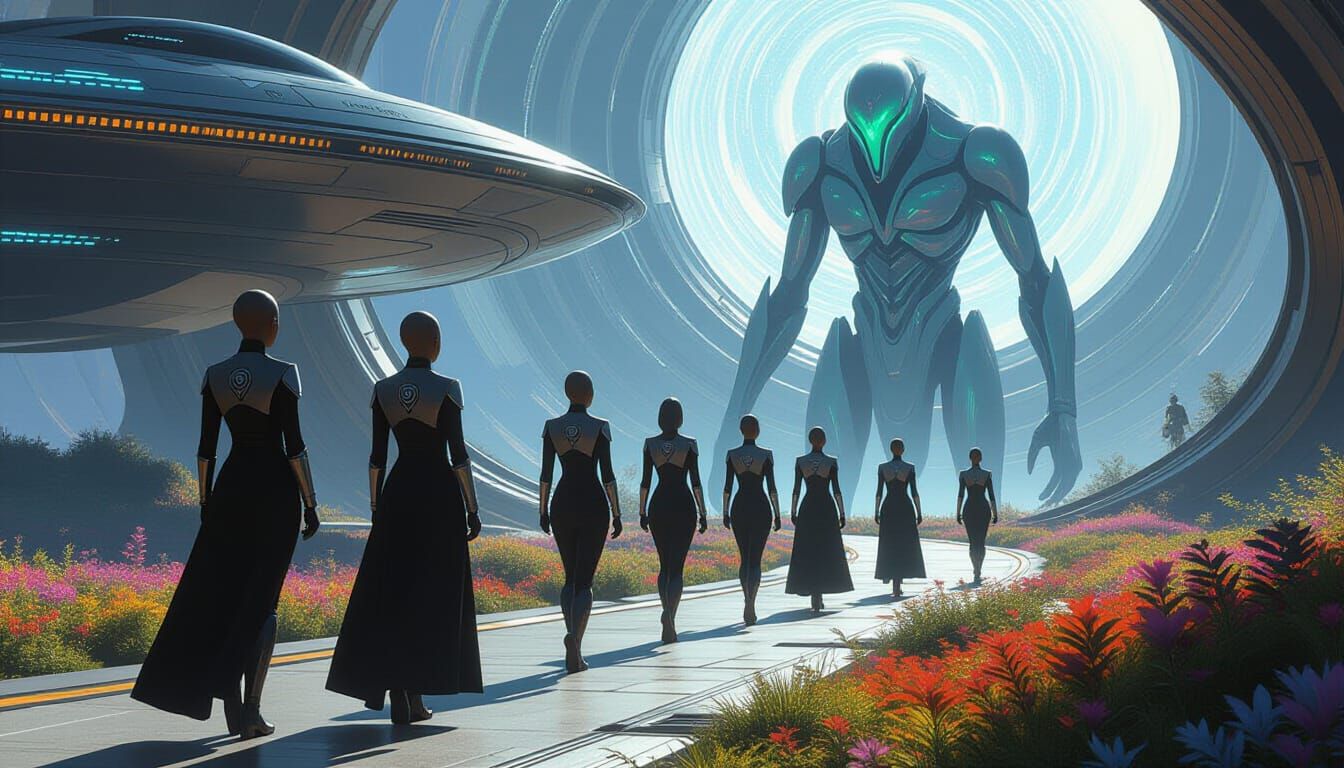 Alien Crew Encounter on Iridescent World, Sci-Fi Art