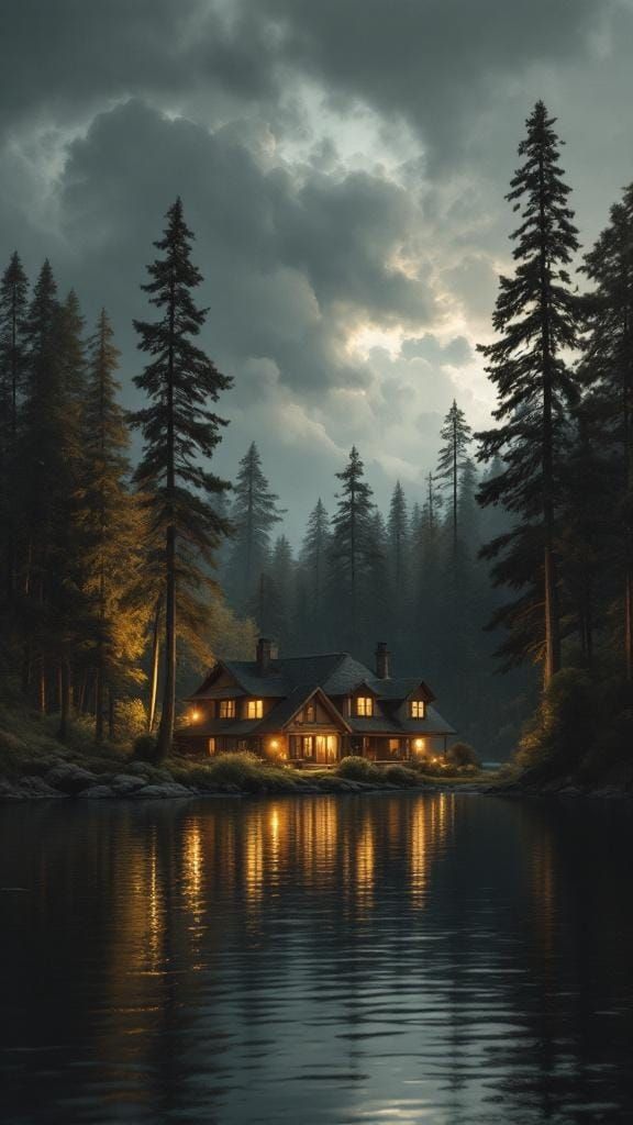 Cozy House in Serene Landscape Painting