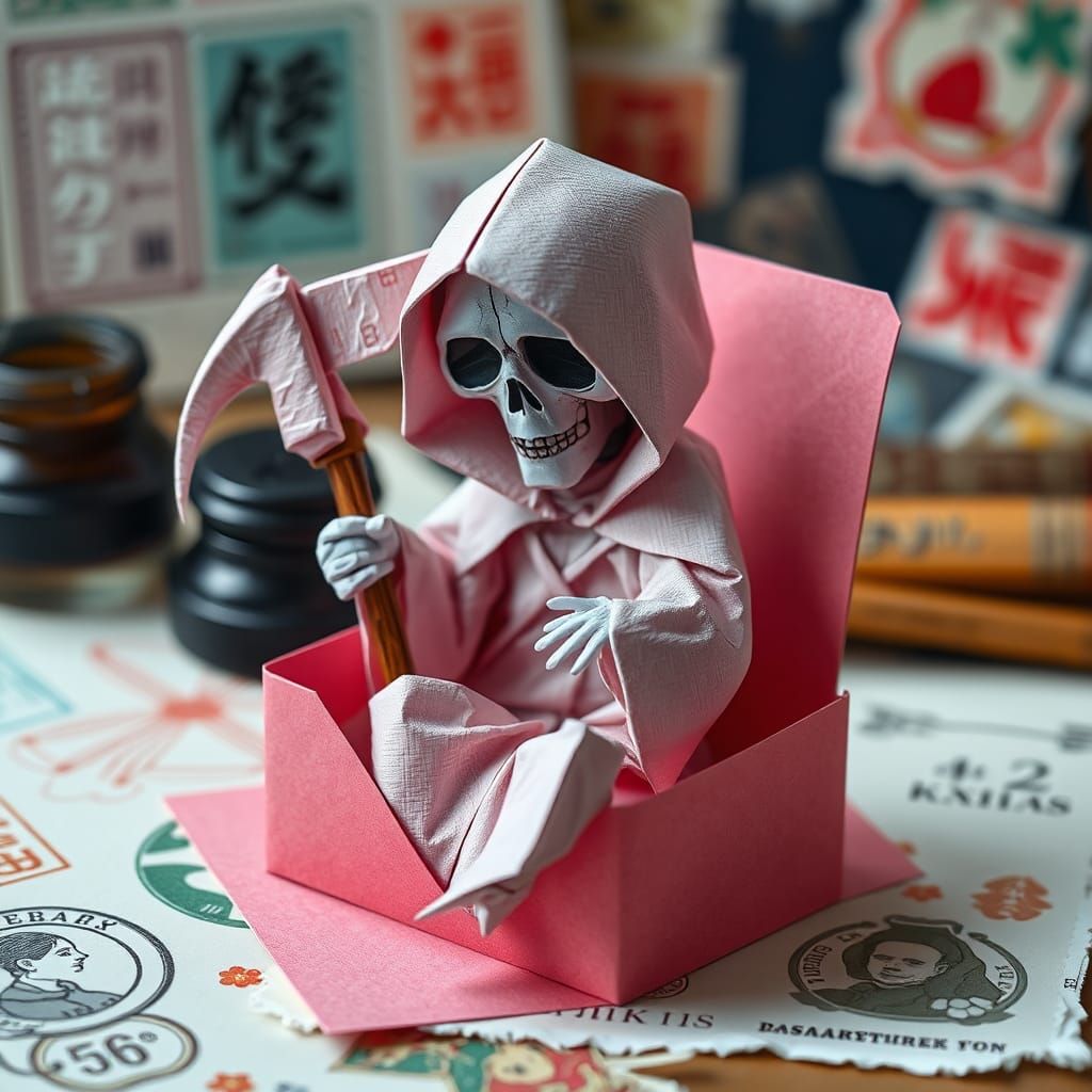 Whimsical Origami Grim Reaper in Greeting Card
