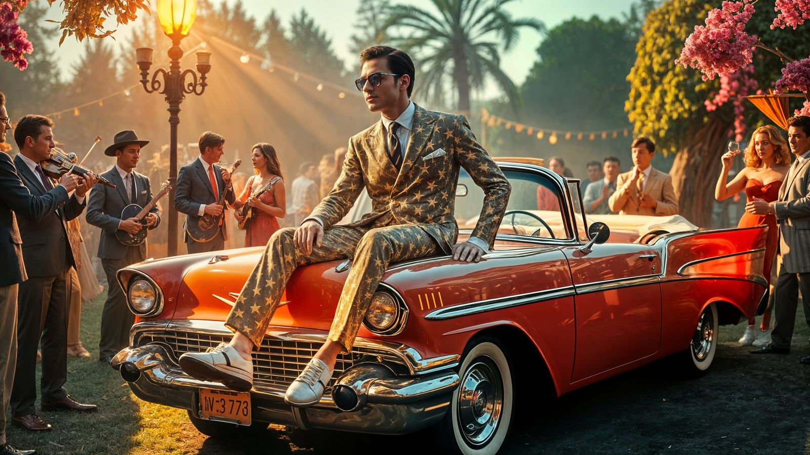 Surreal Garden Party with Starlight Man in 1950s Style