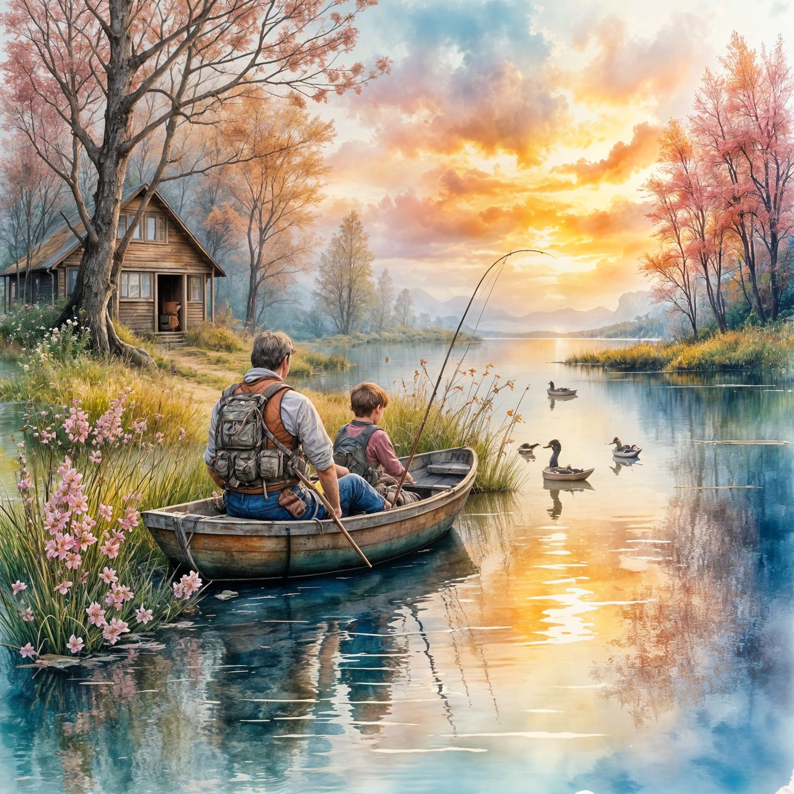 Peaceful Family Fishing Trip at Sunrise in Watercolor Style