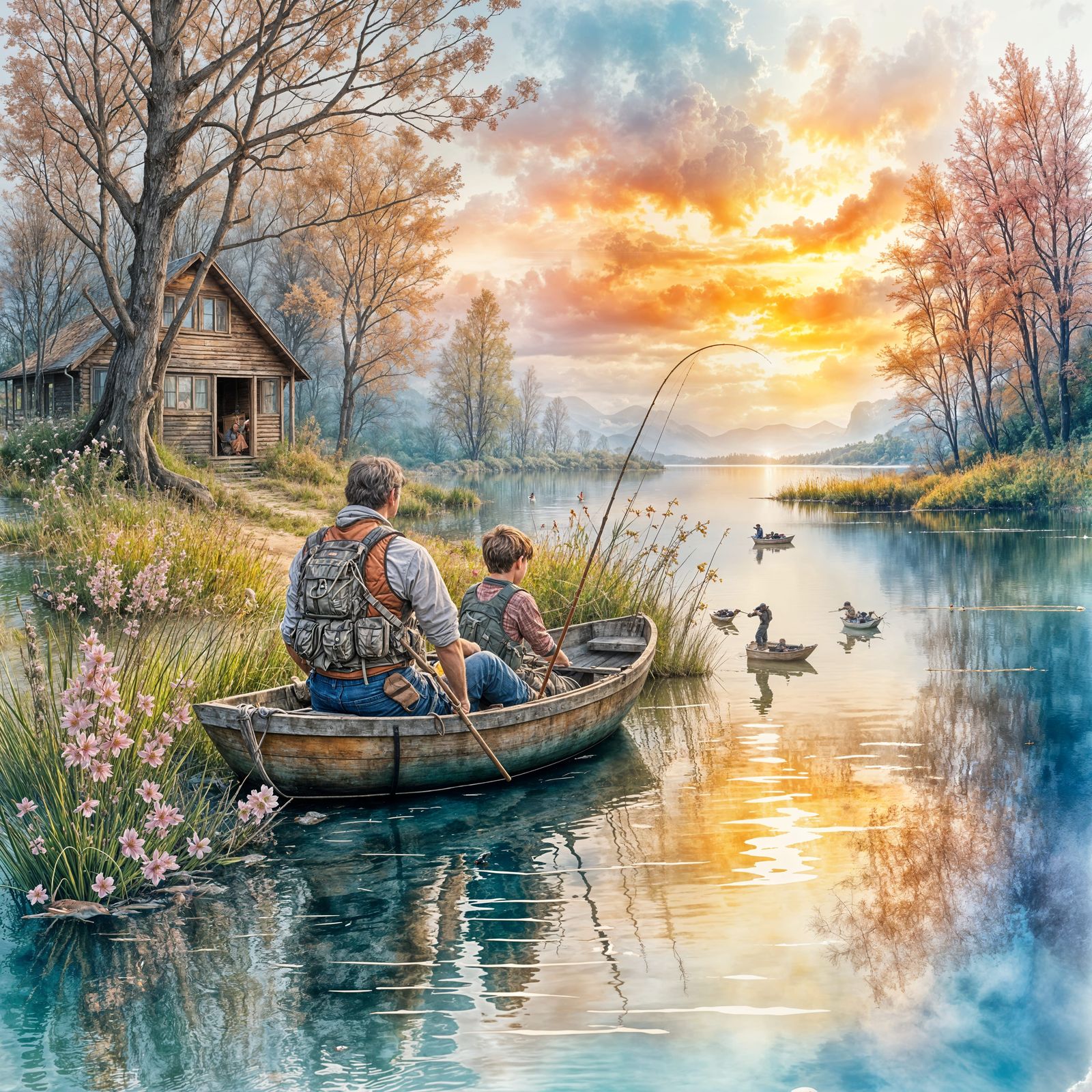 Peaceful Family Fishing Trip at Sunrise in Watercolor Style