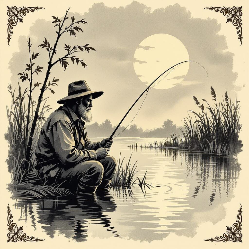 Monochromatic Sepia Sketch of a Philosopher Fisherman