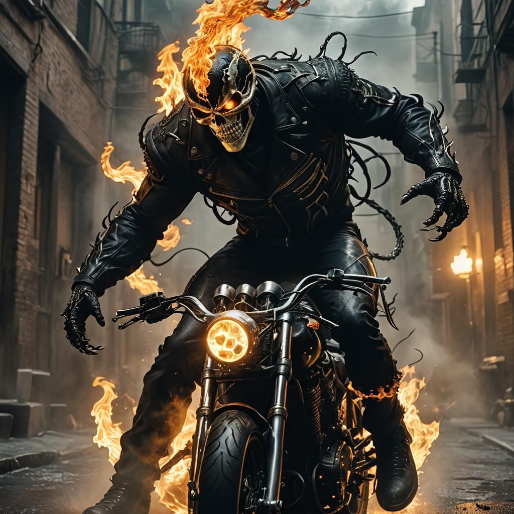 Ghost Rider and Venom Clash in Hyperrealistic Style