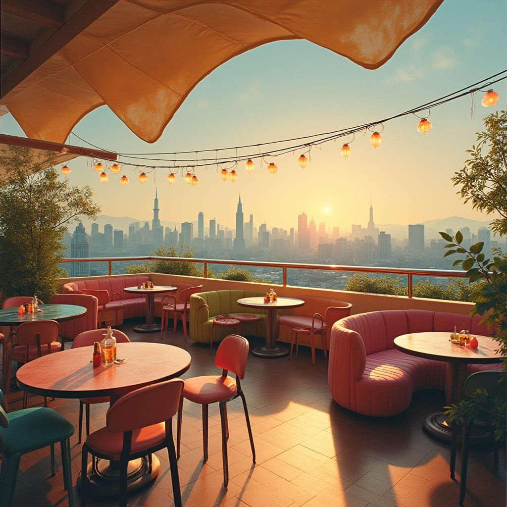 Rooftop Cafe with Warm Lighting in Futuristic Style