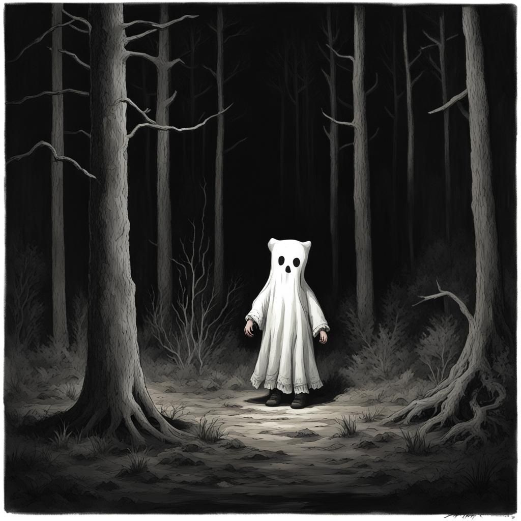 Sinister Ghost Girl with Teddy Bear in Dark Woods