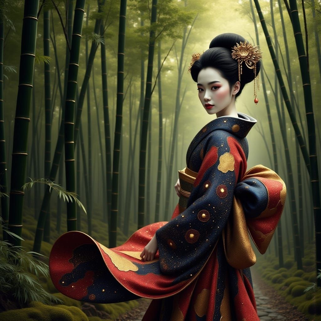 Luxurious Geisha in Midnight Bamboo Forest