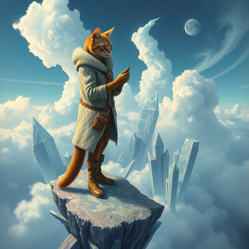 Feline Cartographer on Floating Sky-Crystal Islands