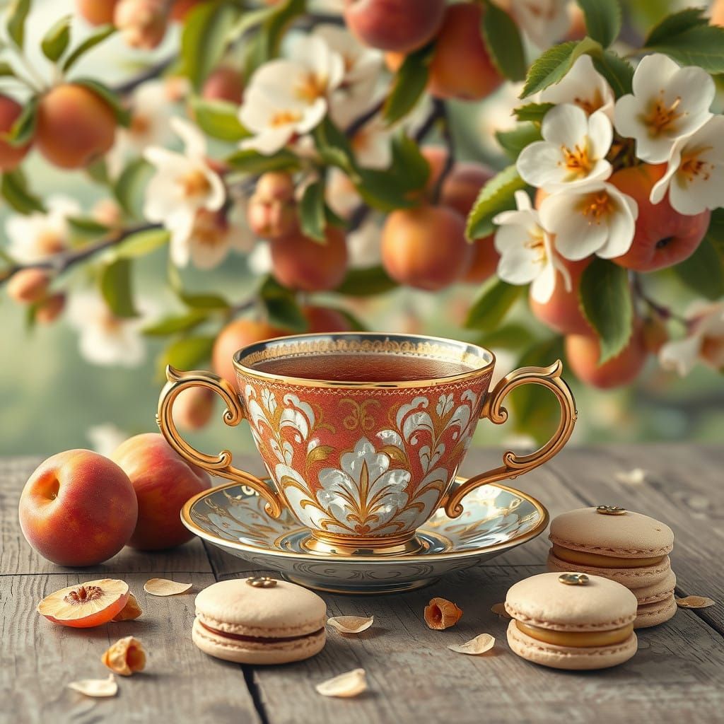 Antique Cup of Tea Amidst Whimsical Apple Blossom
