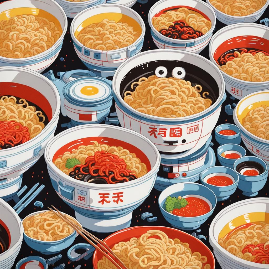 Ramen Robots in Tokyo: A Gouache Painting