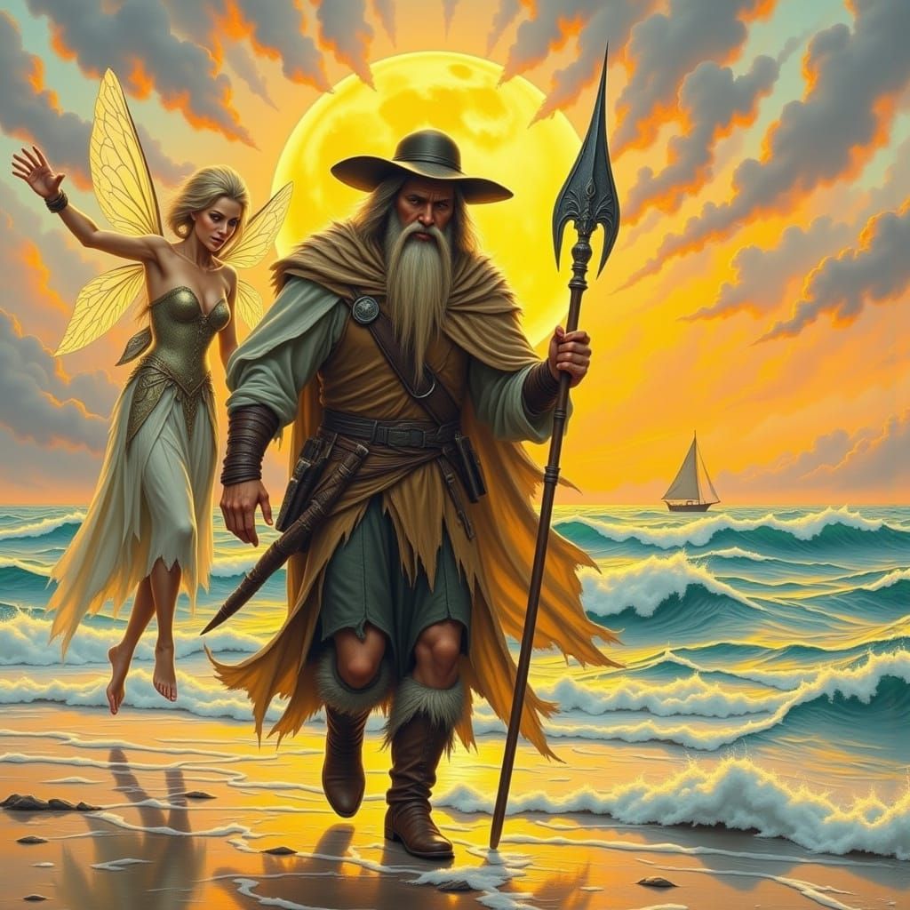 Mighty Giant Strolls on Sunset Beach with Delicate Fairy Com...