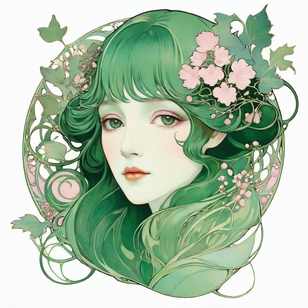 Art Nouveau Poster with Green and Pink Accents
