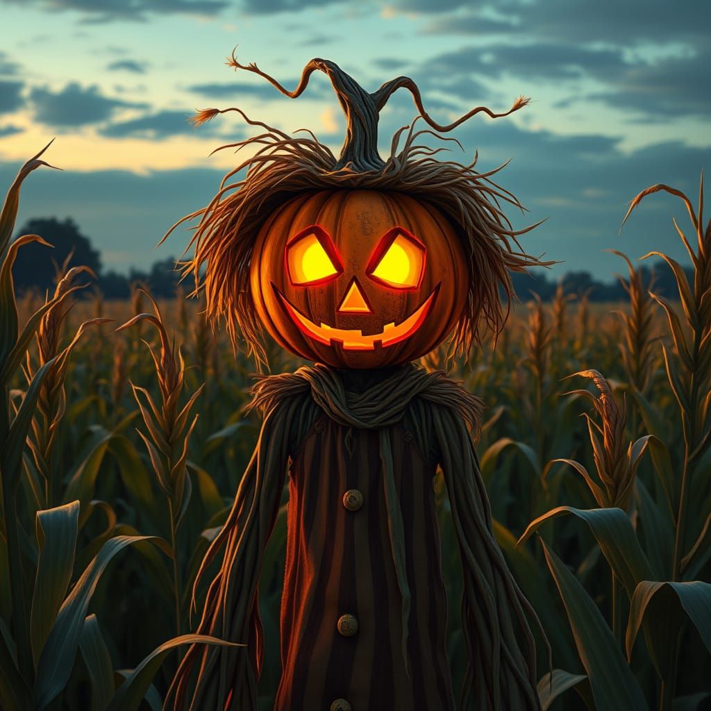 Whimsical Scarecrow with Glowing Pumpkin Head at Dusk