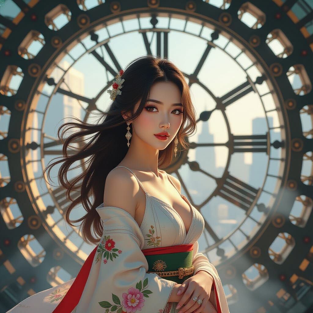 Japanese Woman in Clock Tower, Art Nouveau Style
