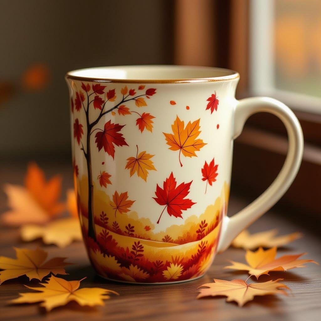 Autumn Painted Mug with Falling Leaves in Digital Art Style