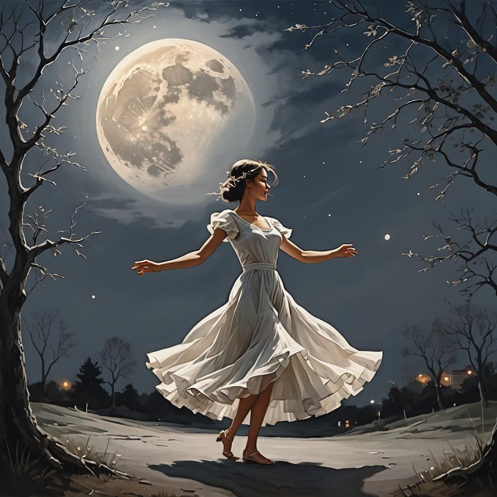 Silhouette Dancing Under a Full Moon