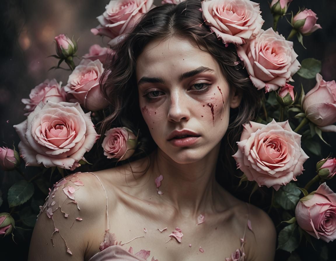 Pink Roses Bloom: Surreal Portrait of Resilience