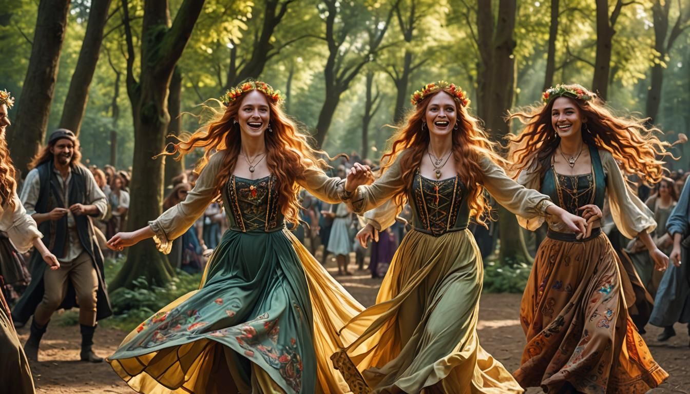 Gypsies Dancing in Forest Festival, Art Nouveau Style