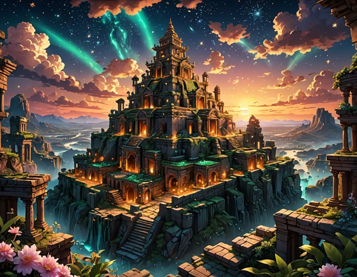 Mystical Jeweled Ruins at Sunset Under Starry Sky
