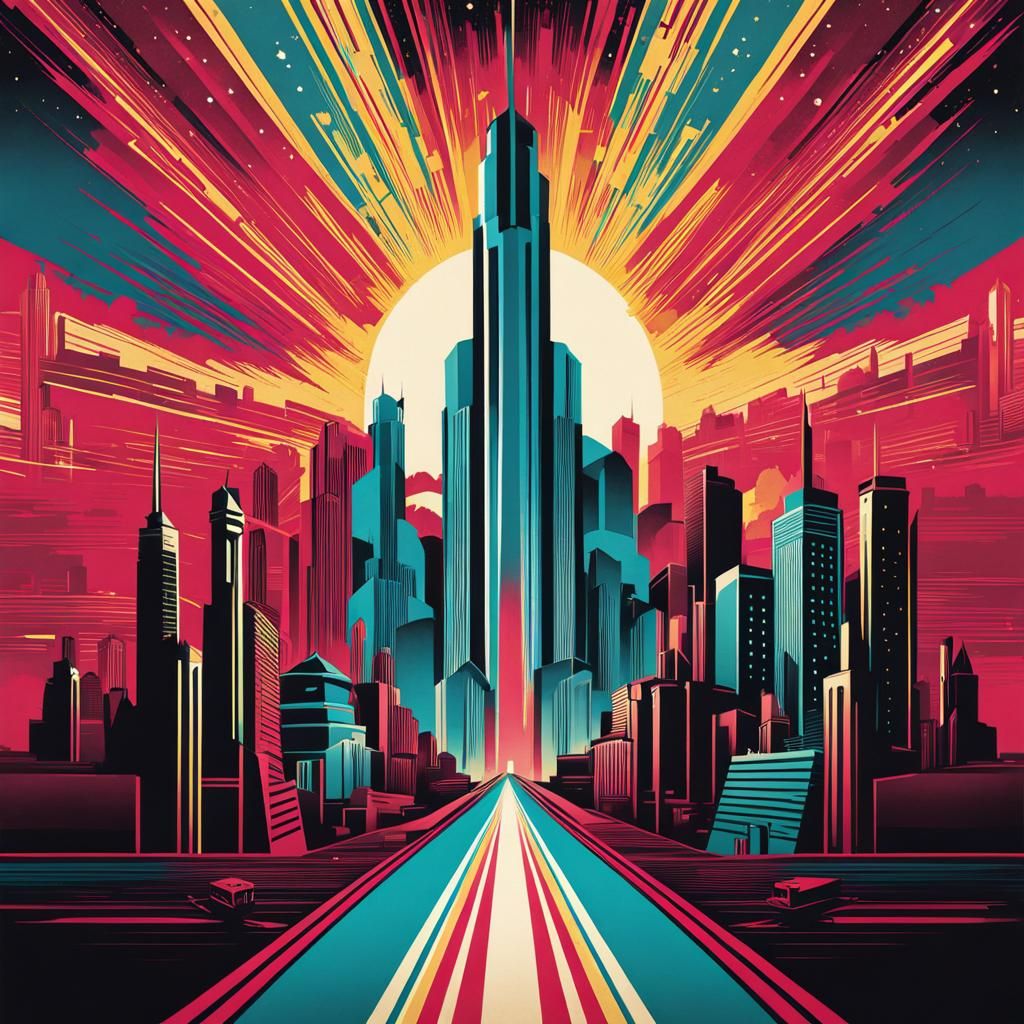 Art Deco Metropolis Among the Stars Ink Poster
