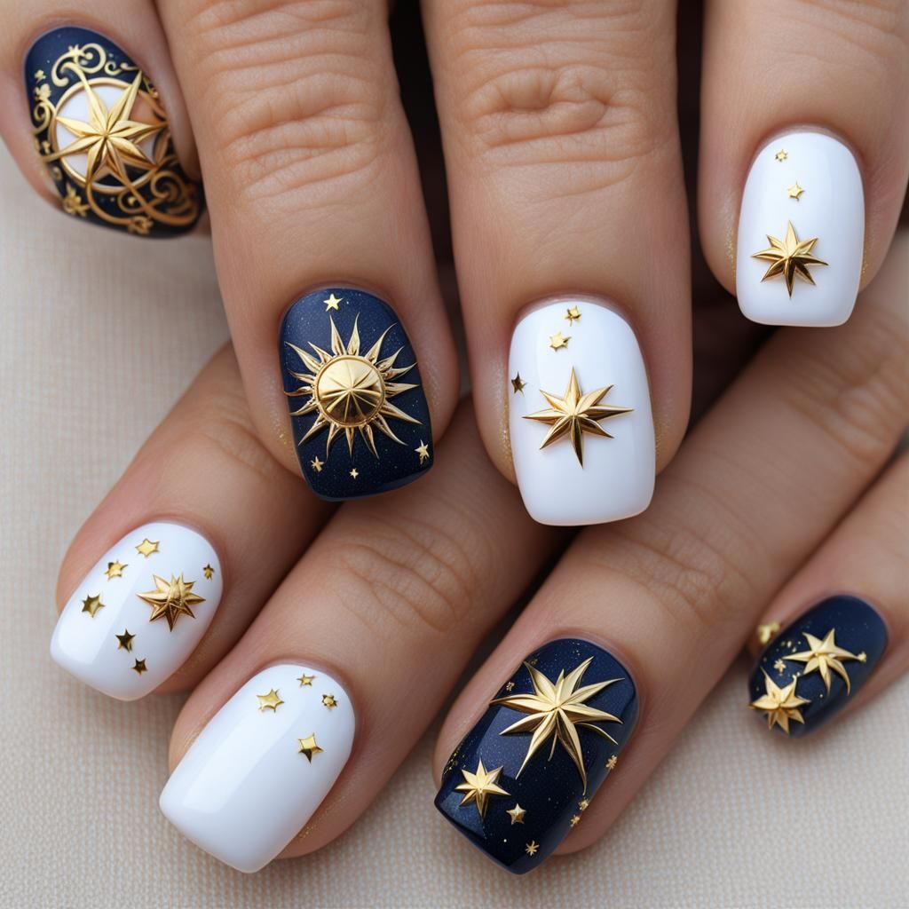 Whimsigoth Nails with Golden Celestial Design