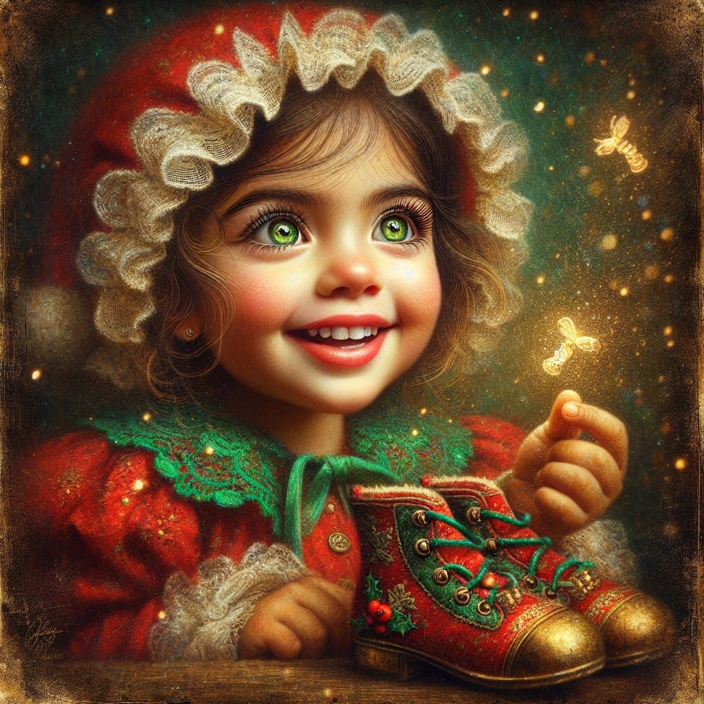 Adorable Girl Captivated by Falling Snowflake in Gritty, Gol...