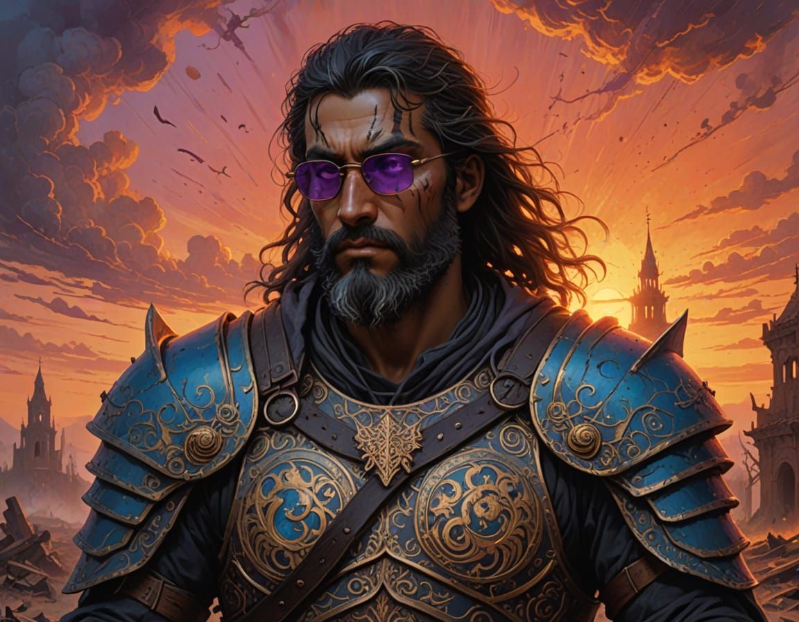 Hyperrealistic Latino Warrior in Ruined Landscape