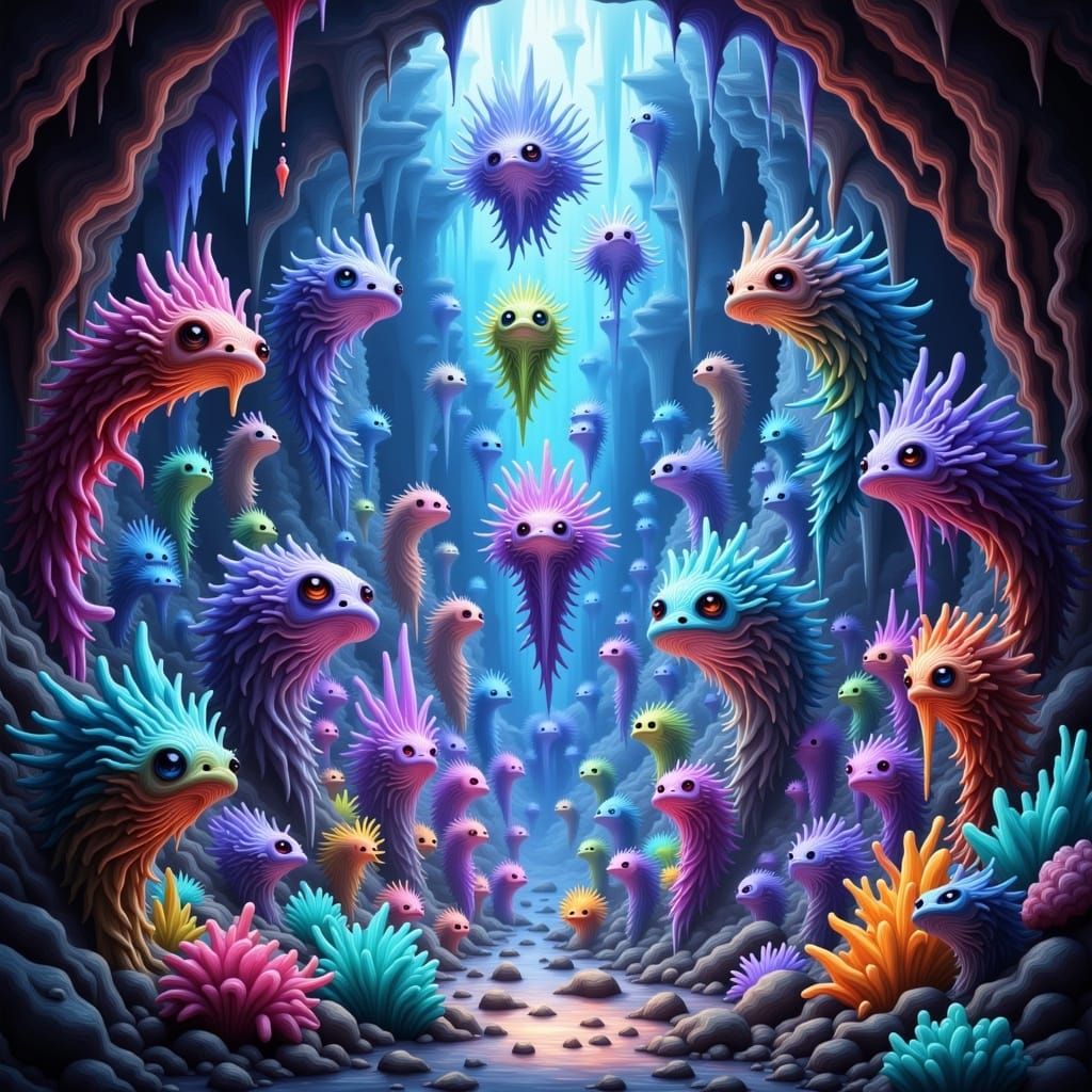 Otherworldly Glowing Creatures in a Vibrant, Iridescent Real...