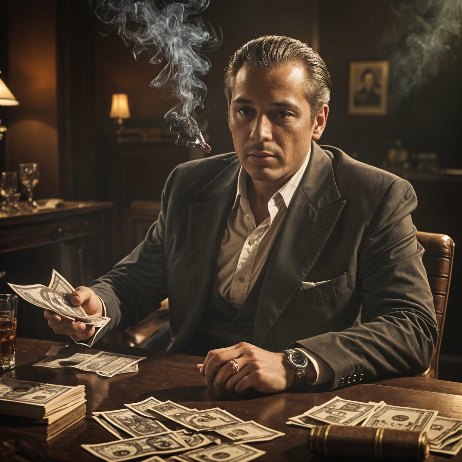 Cigar Smoker at Business Table: Cinematic Film Still