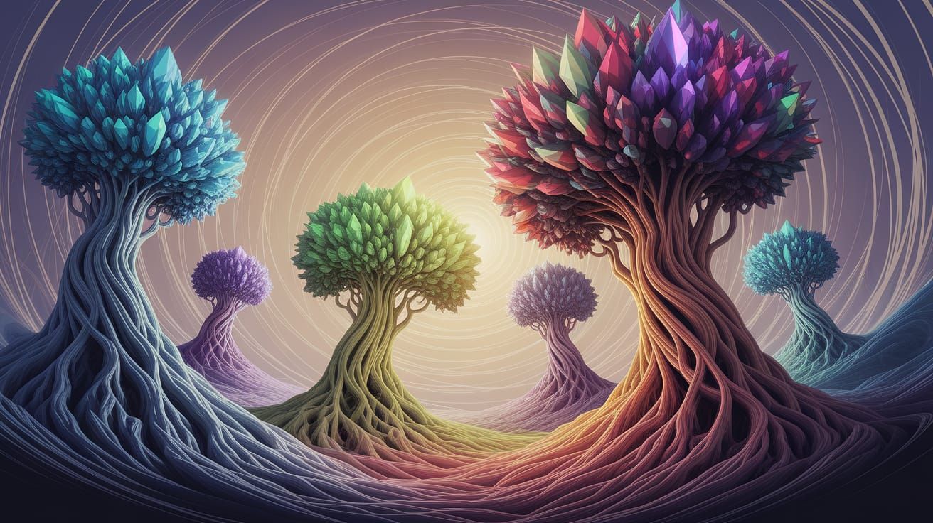 Majestic Trees in Abstract Fractal Landscape