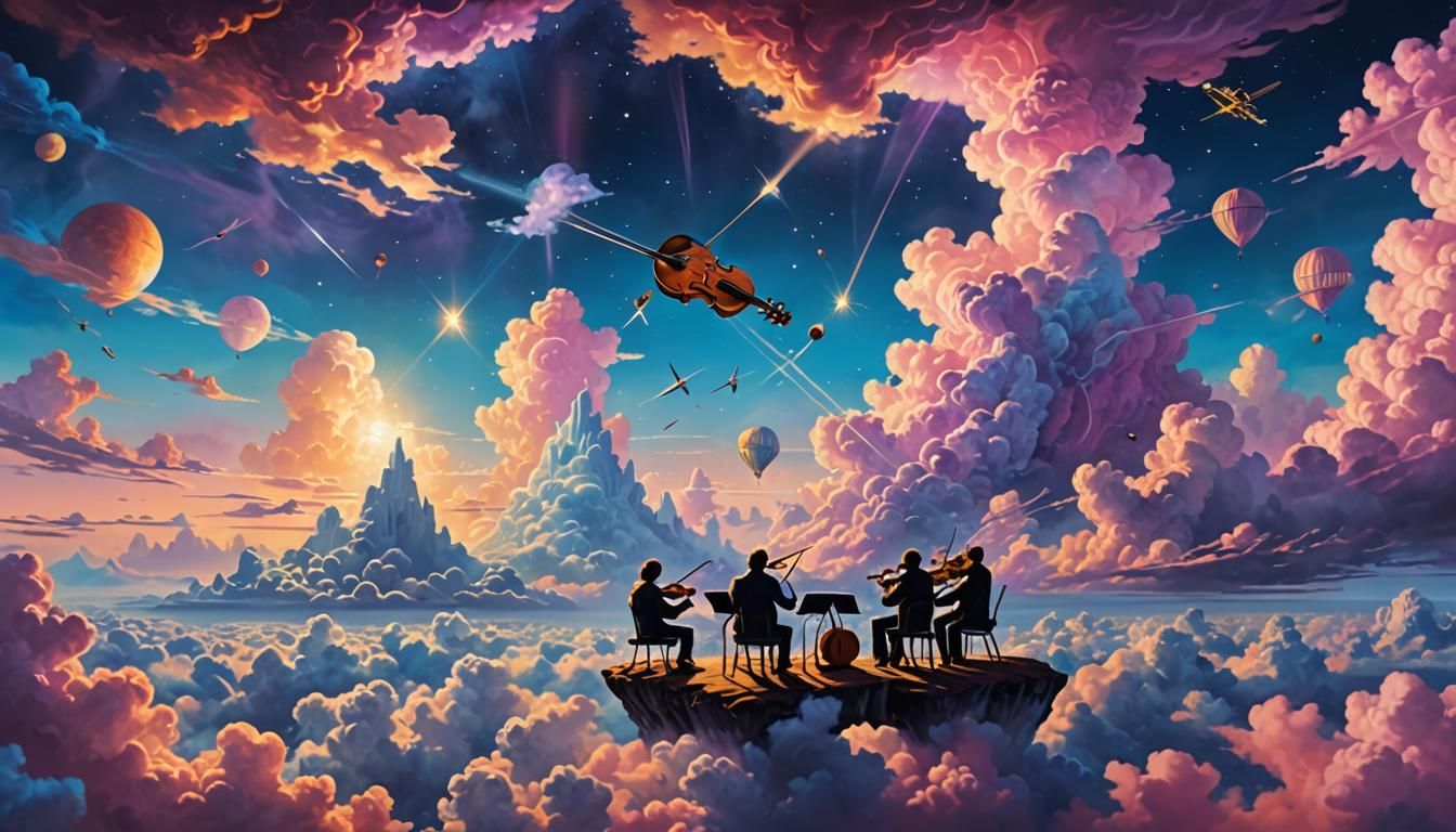 Musicians Play in Surreal Sky: Digital Art