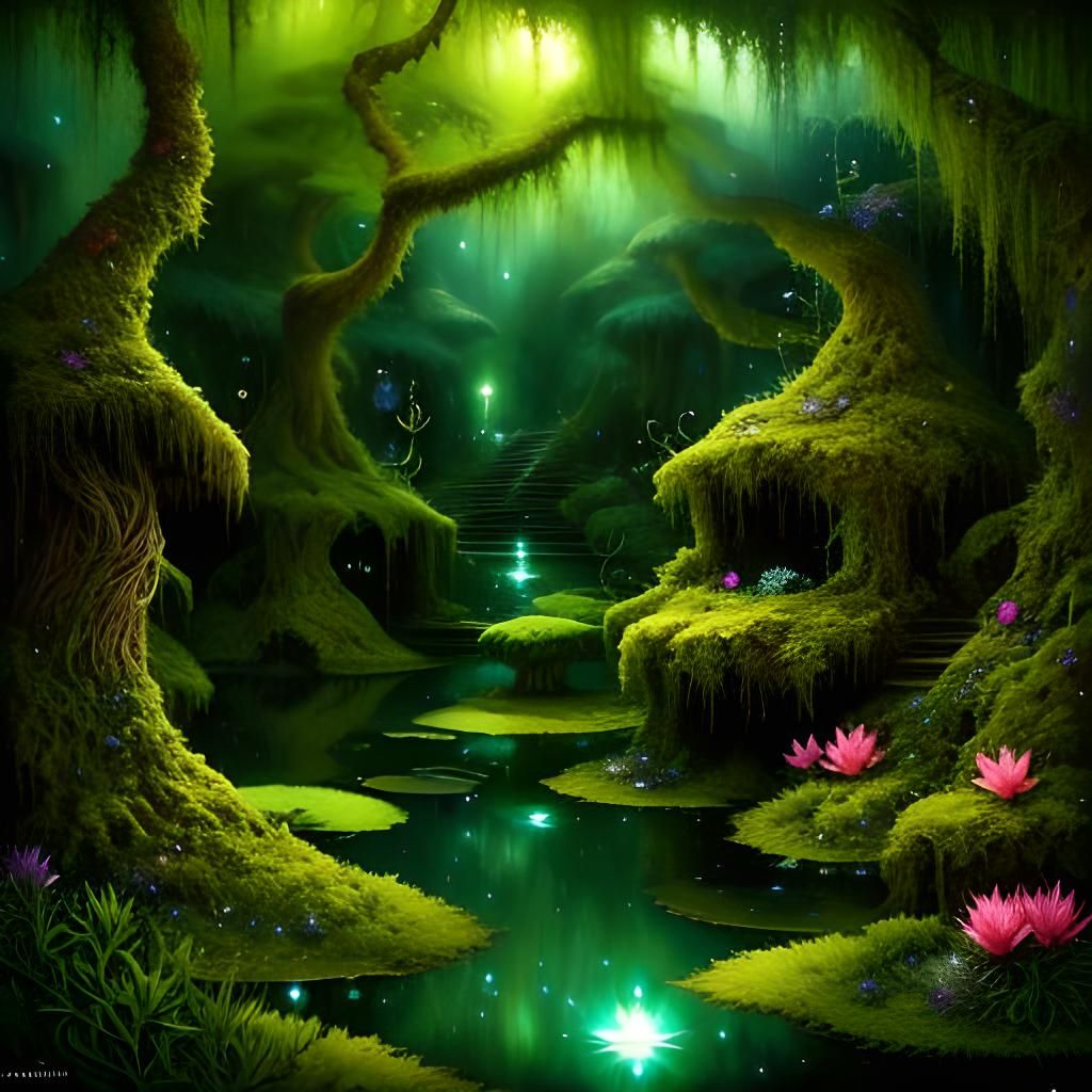 Bioluminescent Forest with Floating Lights in Fantasy Style