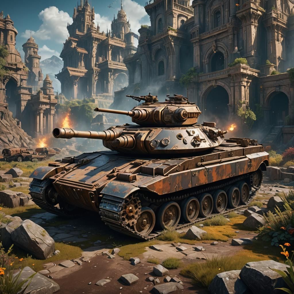 Detailed Tank in Fantasy Landscape: Matte Painting