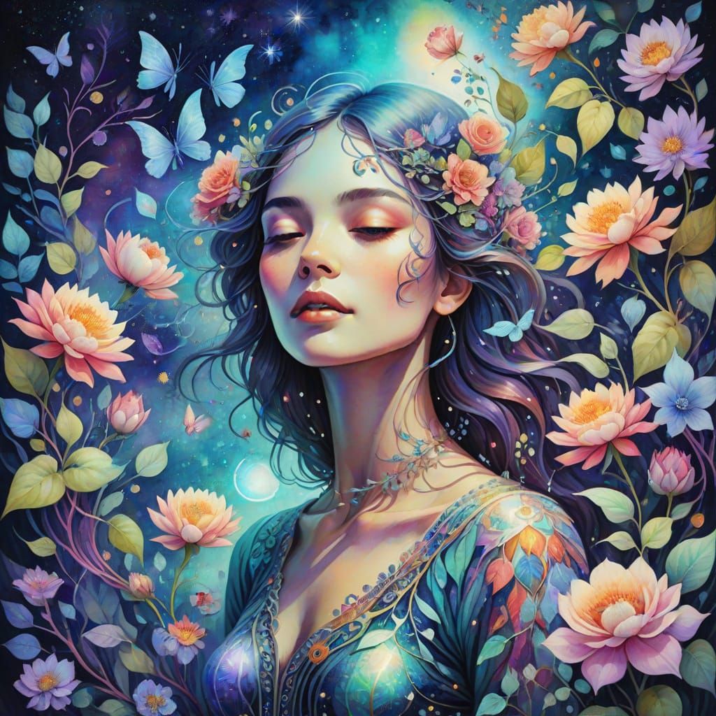 Dreamy Cosmic Floral Wonderland in Vibrant Watercolor