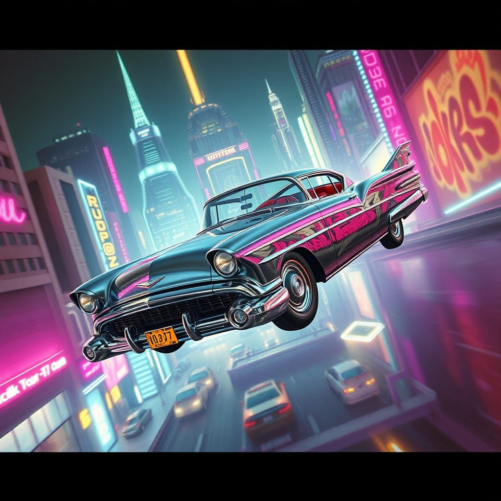 Flying Chrome Car in Neon Graffiti Cityscape