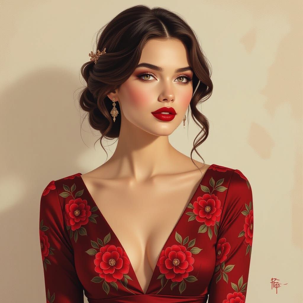 A digital painting of a young woman with fair skin and dark,...