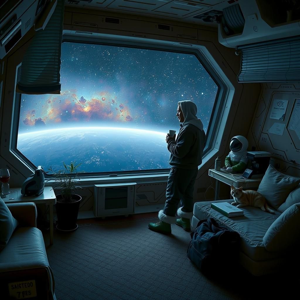 Pilot Gazing at Galaxy in Cozy Spaceship Apartment