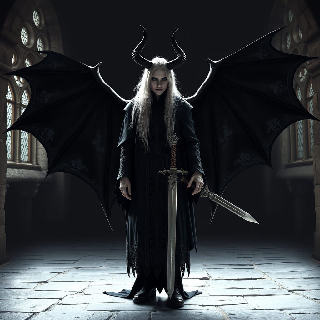 Gothic Figure in Medieval Interior with Sword