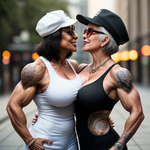 Two 60-Year-Old Bodybuilders Kissing in Professional Photo