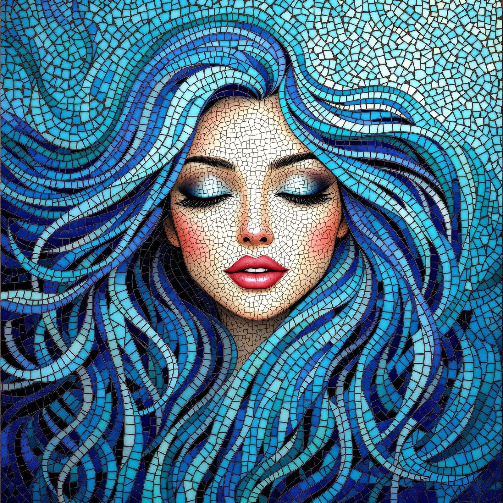 Serene Mermaid Portrait Made of Sea Glass Mosaic